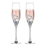 Silver Creative Heart Set with Diamonds Champagne Flutes - Wedding Glasses for Bride & Groom - Toasting Cups Gift Sets for Couples - Engagement, Wedding, House Warming Gift