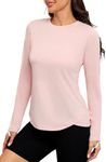 PINSPARK UPF 50+ Rash Guard for Women Hiking Shirt Quick Dry Workout Top Long Sleeve Crewneck Running Shirts, Pink Small