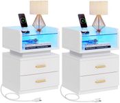 YITAHOME LED Nightstand with Charging Station, Night Stand with Glass Top, Modern Bedside Tables with 2 Drawers for Bedroom, End Side Table with USB Ports and Outlets, Set of 2, White & Gold