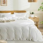 JELLYMONI White 100% Washed Cotton Duvet Cover Set, 3 Pieces Luxury Soft Bedding Set with Buttons Closure. Solid Color Pattern Duvet Cover Queen Size(No Comforter)