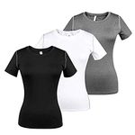 WANAYOU Women's Compression Shirt Moisture Wicking Performance Workout Athletic Running Short Sleeve T Shirts 3 Pack(Black+White+Grey) S