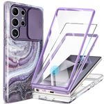 GVIEWIN Compatible with Samsung Galaxy S24 Ultra Case with Slide Camera Cover+Screen Protector,[2 Front Frames] 360° Armor Fullbody Shockproof Bumper Protective Marble Case 6.8",Milky Way/Purple