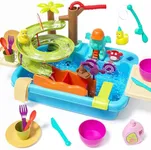 CUTE STONE Play Sink with Running Water, 4-in-1 Toy Kitchen Sink with Manual Faucet, Dishwasher Play, Water Slide Track, Fishing Toys, Pretend Water Play Sink for Kids Boys Girls