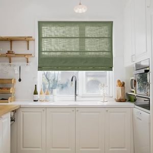 TWOPAGES Cordless Roman Shades Linen Textured Roman Blinds for Windows, Custom Made Room Darkening Blackout Roman Window Shades Washable Fabric, Hardware Included, Olive, 1 Piece