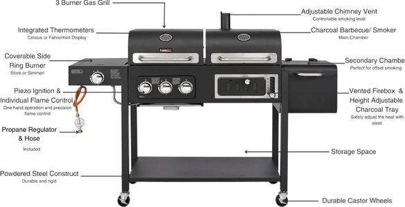 CosmoGrill Hybrid 4-Burner BBQ – Dual Fuel Gas & Charcoal Grill with Smoker, Thermometer, Warming Rack