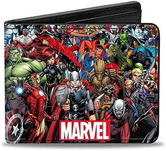 Buckle-Down Men's PU Bifold Wallet-Marvel Universe Heroes & Villains Portrait/Logo, Multicolor, 4.0" x 3.5"