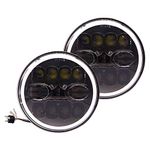 OSWIN GOLD OG-33-27 Inch Round White LED Headlight with Hi/Low Beam Amber & White Angel Eye Lamp Compatible with Bullet, Harley Davidson Jeep Wrangler (75W, 2 Pc)