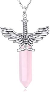 VONALA Dagger Necklace for Women Sterling Silver Rose Quartz Sword Pendant Rose Quartz Jewelry Gifts for Women Teens Girls, 45*30mm, Sterling Silver, Quartz