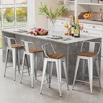 Andeworld Set of 4 Tolix-Style Counter Height Bar Stools Industrial Metal Bar Stools Indoor-Outdoor, Low Back (24 Inch, Silver with Wooden Top)