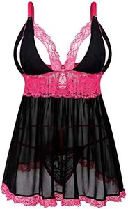 Donnalla Women's Sexy Plus Size Lingerie - Split Cup Lace Babydoll Sleepwear Chemise Set 2XL,3XL,4XL, Black, 3X-Large