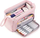 FINEMOE Large Capacity Pencil Pouch for Girls and Boys, Aesthetic Canvas Geometry Pencil Box, Big Pouches for Stationary, Organize Markers Pens, Stationery Bags for School College Office (Pink)