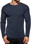 Ekouaer Long Sleeves Shirt for Men Stretchy Round Neck Tops Ribbed Knit Warm Loungewear Slim Fit Sweater Navy Blue M