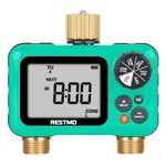 RESTMO Water Timer with Brass Inlet & Outlet, 2 Zone Programmable Sprinkler Timer for Garden Hose, 3 Separate Programs Hose Timer, Manual/Rain Delay/Automatic Watering for Drip Irrigation and Lawn