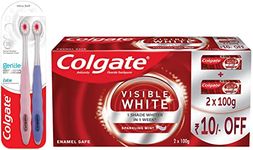 Colgate Gentle Ultrafoam Ultra Soft Bristles Toothbrush & Visible White Teeth Whitening Toothpaste, With Whitening Accelerators For Tobacco Stain Removal - Manual, Adult Pack Of 200G (100G X 2)