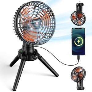 VOSFEEL Camping Fan for Tents, Battery Powered Fan Rechargeable with 3 LED Light, 7500mAh Portable Outdoor Fan with Hanging Hook Infinitely Adjustable Speed