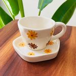 DIVYAKALAA Handpainted Ceramic Tea Cup & Saucer Set || 300 mL, Microwave and Dishwasher Safe || Ceramic Tea Cups (Yellow Sunflower) || Tea Cup Coffee Mug Gift and Special Occasions