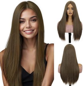 QUEENTAS 23" Long Brown Wig Glueless Natural Looking Synthetic Long Straight Hair Wigs for Women Daily Party Use (Light Brown)