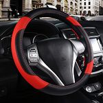 Leather Car Steering Wheel Cover, Non-Slip Car Wheel Cover Protector Breathable Genuine Leather Universal Fit for Most Cars (Black & Red)