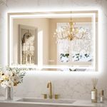 Keonjinn Bathroom Mirror with Lights, 30 x 48 Inch LED Mirror with Front & Backlit, Double High-Density Light Strips, Anti-Fog Tempered Glass, Stepless 3 Colors & Dimmable, Horizontal & Vertical