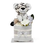 Unisex Nappy Cake Baby Gift - Gender Reveal Gifts, Newborn Baby Gifts, Baby Shower Nappy Cake, Newborn Essentials, Handmade Nappy Cake with Soft Toy Leopard for New and Expectant Mothers