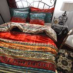 Qucover Bohemian Duvet Cover Double 3-Piece 100% Cotton Boho Exotic Mixed Blue and Red Striped Moroccan Bedding Set with Pillowcases, 200x200 cm