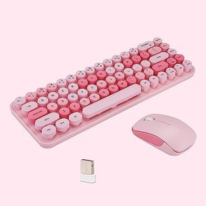 Compact Colorful Wireless Keyboard and Mouse Combo, Soundless 68 Round Keys, Suitable for Girls and Kids, Compatible with Notebook, PC (Pink)