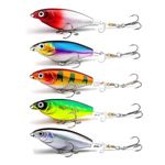 Topwater Fishing Lures, 5pcs Fishing Popper Plopping for Bass Topwater 3D Eyes Bait with Propeller Tail for Catfish,Pike Perch, Floating Pencil Bass Freshwater or Saltwater