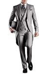 Men Grey Tailcoat Suits Slim Fit 3 Piece V-Neck One Button Wedding Suits Groom Tuxedos 38/32