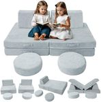 MeMoreCool Modular Kids Play Couch Sofa – Gray 8-Piece Fold-Out Convertible Toddler Couch with Rocket, Star, and Moon Patterns for Playroom