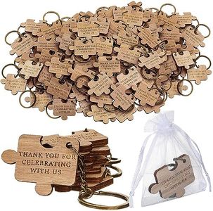 Huquary 100 Pcs Puzzle Piece Keychain Wedding Favors Wood Puzzle Keychain with 100 Pcs Organza Bags for Wedding Party, Bridal Shower Engagement Party Decorations