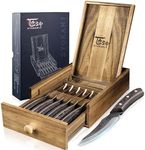 SYOKAMI Steak Knives Set of 6 with Drawer Organizer, 4.8 Inch High Carbon Japanese Style Non Serrated Meat Knife with Wood Handle, Damascus Pattern Full Tang Design, Razor-Sharp Dinner Knives