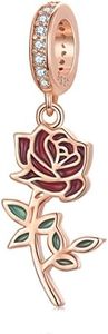 Red Rose Charms Pendant for Pandora Bracelets,925 Sterling Silver Rose Gold Plated Hanging Charm Bead,Christmas Gift