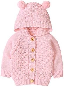 Newborn Baby Girls Boys Knit Cardigan Ear Hooded Sweater, Infant Button-Down Cotton Outfits, Unisex Baby Basic Clothes, Pink, 6-9 Months