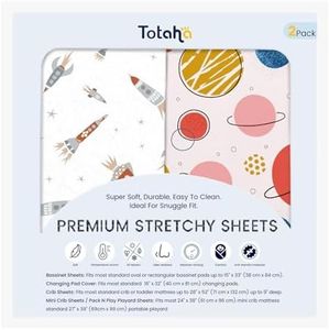 TotAha Premium Soft Space Pack n Play Sheets, Super Stretchy Jersey Knit Mini Crib Sheets Fitted, Silky Comfort Graco Pack and Play Mattress Sheets, 2 Pack