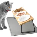 Otoomenz Cat Bowl, Ceramic Cat Food Bowls With 15° Tilted Wood Stand,Raised Cat Bowls for Food and Water, Bamboo Cat Feeding Station with Cat Food Mat for Cats and Puppy (3 Bowls with Stand)