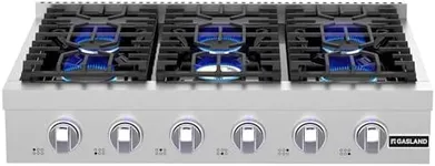 36 Inch Gas Cooktop 6 Burners, GASLAND Chef Pro RT3606 Professional Natural Gas Rangetop Slide-in with Blue Indicator Lights, Re-ignition, 120V Plug-in