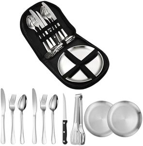 Camping Dish Fork Spoon Knife Set Camping Utensils Portable Stainless Steel Camping Utensils for Outdoor Travel, Set of 10 Suitable for Picnics, Campsite Kitchen BBQ and Hiking Trips (Silver)