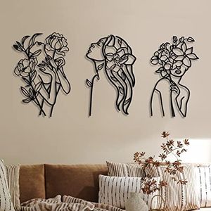 Photect 3 Pieces Metal Wall Art Decor Minimalist Abstract Woman Modern Line Drawing Female Single Home Hanging for Bedroom Kitchen Bathroom Living Room (Black, Elegant)