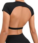 SEAUR Woman’s Sport Crop Tank Tops Open Back Sport Shirts Backless Top Short Sleeve Crop Tops Going Out Sports Tee with Bra for Gym Fitness Black