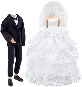 E-Ting Wedding Pack, Beautiful Gown Bride Dress Clothes with Veil and Groom Formal Outfit Business Suit for Barbie Ken Dolls Gift