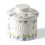 Toptier Butter Crock for Counter With Water Line, On Demand Spreadable Butter, Ceramic Bell Style Butter Keeper to Leave On Counter, French Butter Dish with Lid, Yummy Blueberry