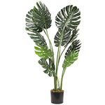 MyGift 47 Inch Artificial Monstera Deliciosa Plant Faux Swiss Cheese Tropical Palm Tree in Black Planter Pot