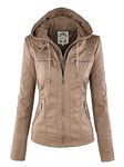 Made By Johnny Faux Leather Jacket Women Motorcycle Coat for Biker with Removable Hood, Wjc663_khaki, Small