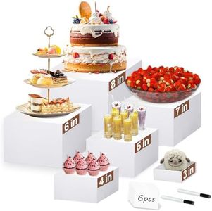 Hmdkepf 6Pcs Buffet Risers, Food Risers for Buffet Table Display Stand Shelf for Party Catering Dessert Collectibles Acrylic Cube Boxes Display with Hollow Bottoms (Size 8"-7"-6"-5"-4"-3")