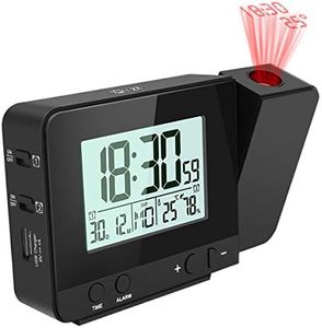 Jhua Digital Projection Alarm Clock Dimmable Alarm Clock with Indoor Temperature Hygrometer, USB Charger, LCD Display Dual Alarm Clocks for Bedrooms Ceiling Wall, DC & Battery Operated, Black