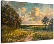 QYHART Canvas Print Wall Art Green Meadow Pathway With Plants and Flowers Nature Wilderness Landscape Painting Poster for Home Bedroom Bathroom Office Wall Decor Artwork Ready to Hang [18''W X 12''H]