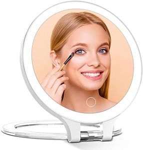 Rechargeable Magnifying Makeup Mirror 10X/1X Double Sided Lighted Travel Makeup Mirror with 3 Color Light Adjustable Rotation, LED Vanity Tabletop Portable Desk Cosmetic Foldable Mirror Not Includ Bag