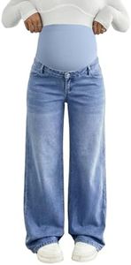 BLENCOT Maternity Jeans for Women Wide Leg Stretchy Over The Belly Pregnancy Work Denim Pants Light Blue L