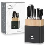 SANHUI 8 PCS Kitchen Knife Set with Block Wooden, Stainless Steel Knife Block Set with Chef Knife, Bread Knife, Santoku Knife, Carving Knife, Utility Knife, Kitchen Scissors and Sharpener