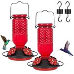FEED GARDEN Glass Hummingbird Feeder for Outdoors Hanging, 16 OZ Humming Birds Feeders with 4 Bee Guard Feeding Ports & Built-in Ant Moat, Bird Feeder for Outside, Red, 2 Pack